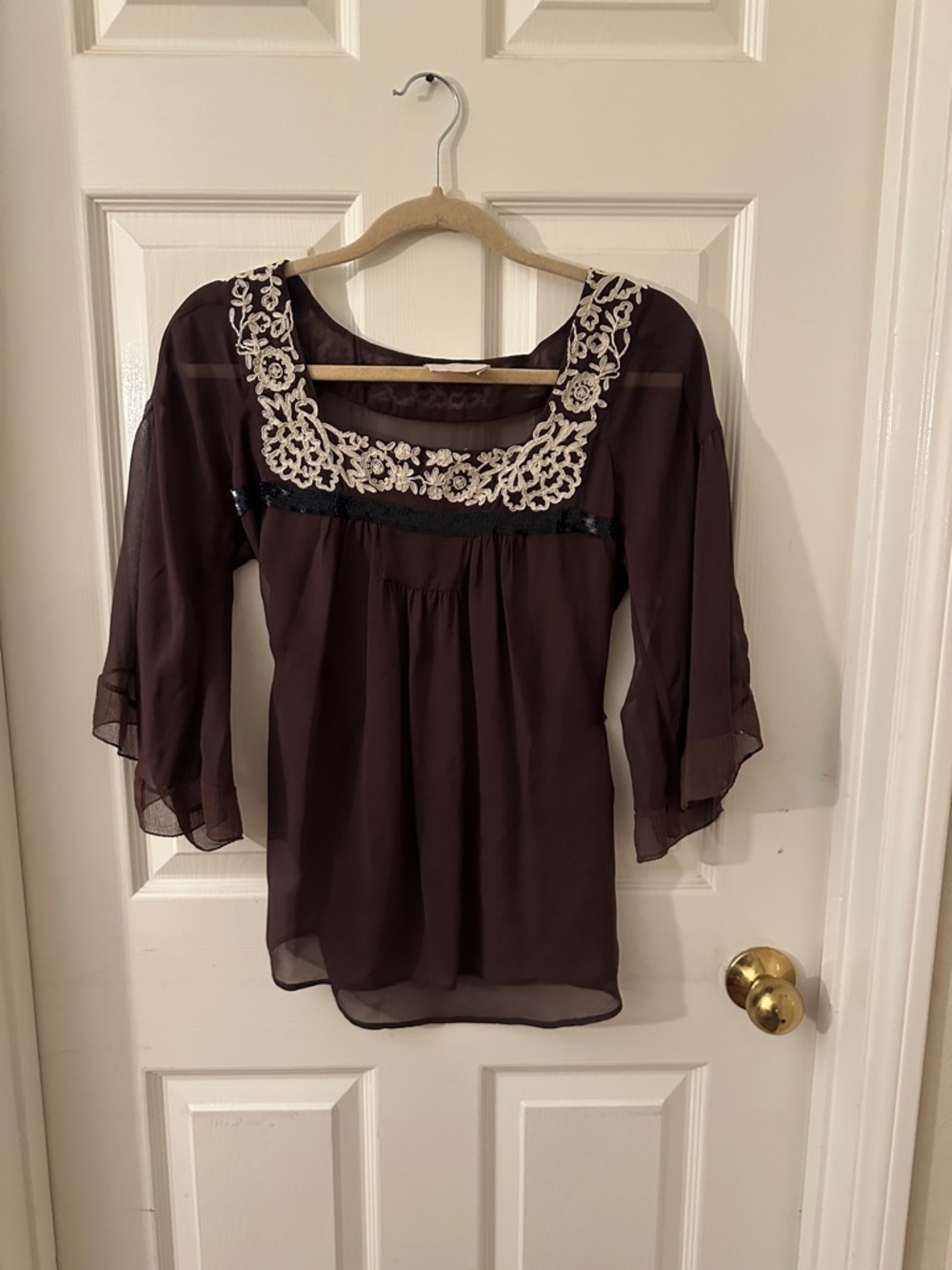 Savanna Women's Dark Brown Sheer Blouse with Cream Lace Trim 100 silk